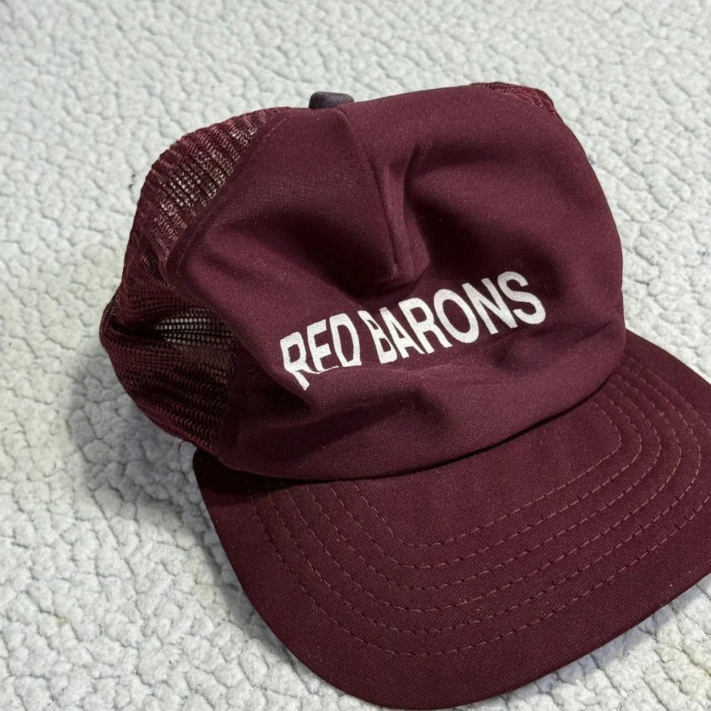 Vintage‎ New Era Red Barons Trucker Hat Maroon Snapback Mesh Cap Small Med USA